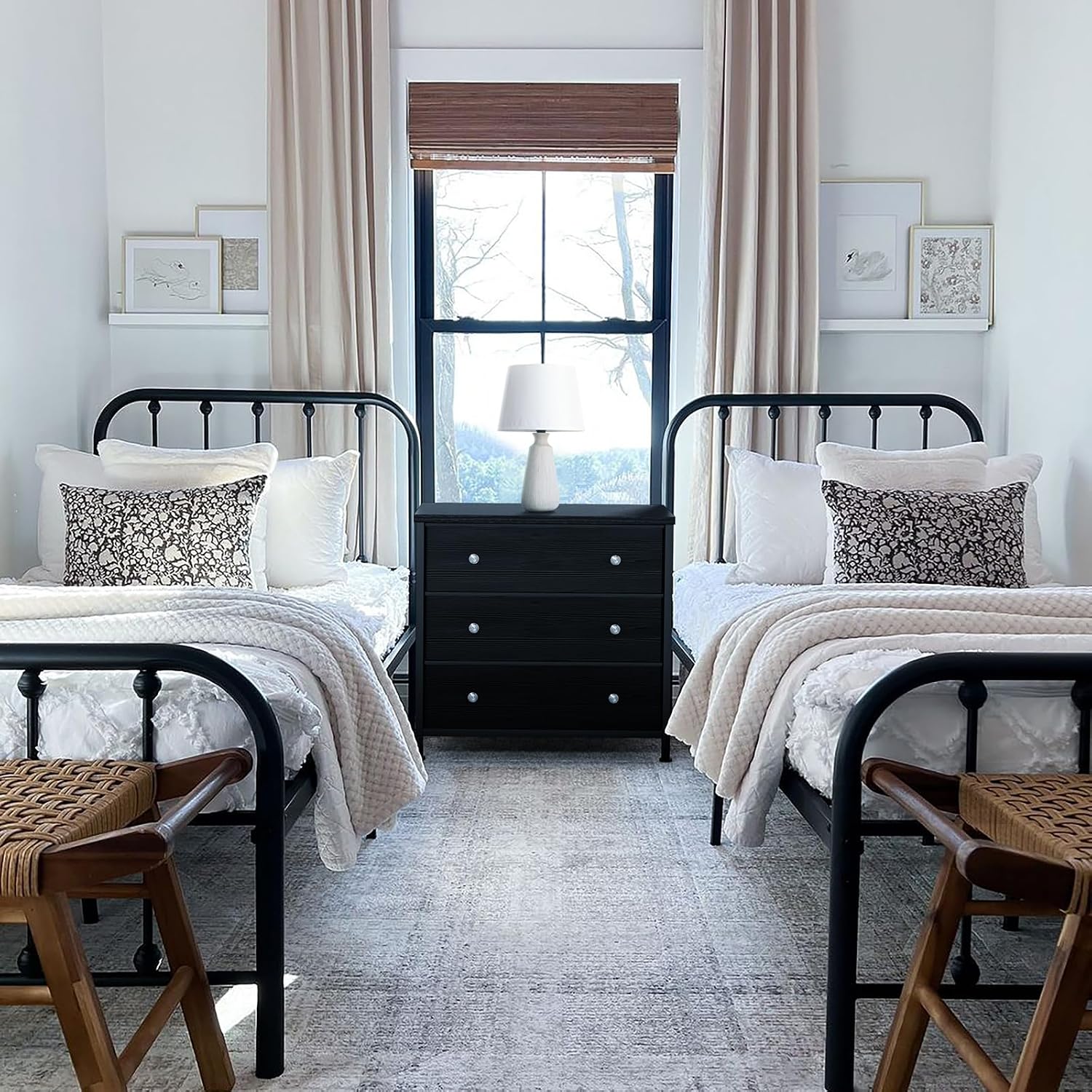 BOLUO Black Nightstands Set of 2, Large Night Stand Fabric 3 Drawer Dresser for Bedroom Closet,Girls Modern