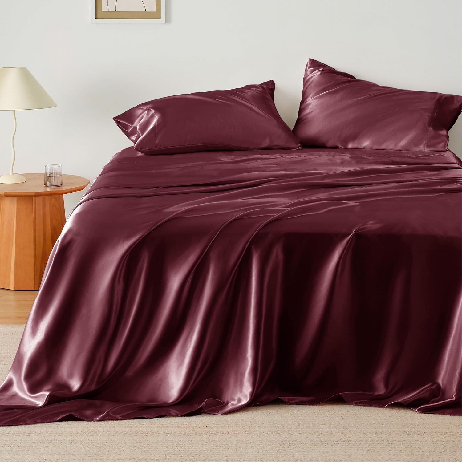 Queen Size 4 Piece Sheet Set 25 Momme Mulberry Silk Soft Breathable Cooling Bed Sheets (1 Flat Sheet,1 Fitted Sheet,2 Pillow Cases) Fits 10-12' Deep Pocket (Solid, Wine)
