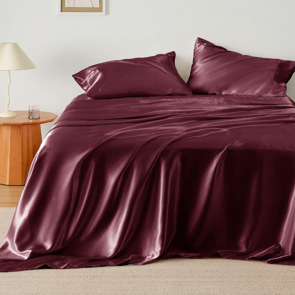 Queen Size 4 Piece Sheet Set 25 Momme Mulberry Silk Soft Breathable Cooling Bed Sheets (1 Flat Sheet,1 Fitted Sheet,2 Pillow Cases) Fits 7-9' Deep Pocket (Solid, Wine)