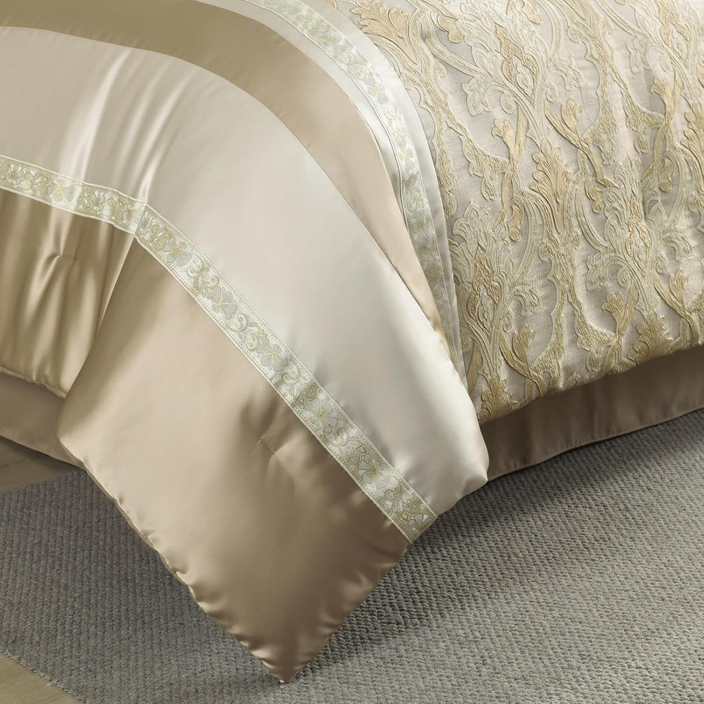 CozyDH Luxury Comforter Set King Size, Champagne Beige - 7 Piece Bed in a Bag Jacquard Vintage Floral Damask, All Season Down Alternative Bedding with Bed Skirt, Shams, Decorative Pillows, 104x90 in