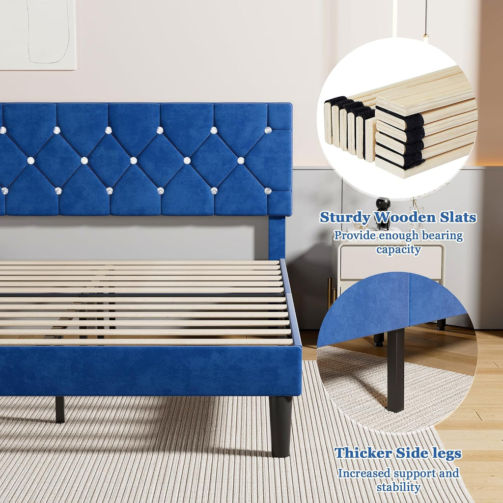 VECELO Queen Size Bed Frame, Upholstered Platform with Adjustable Diamond Tufted Headboard, Wood Slat Support, No Box Spring Needed, Navy Blue