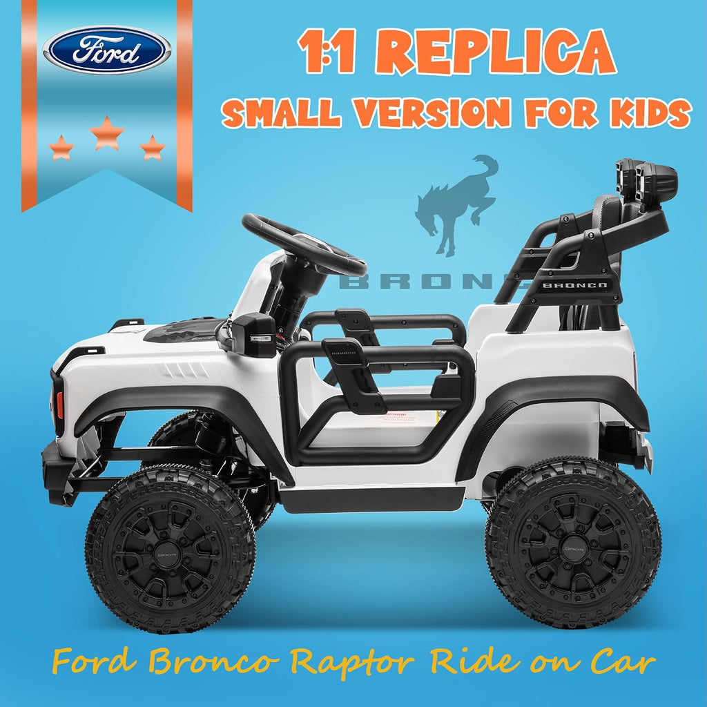 ENYOPRO 12V Electric Car for Kids Licensed Ford Bronco Raptor, Battery Powered Toddler Ride on Car w/Remote Control, Power Pedal & Durable Wheels, Soft Start, Bluetooth, LED Lights, Horn(White)