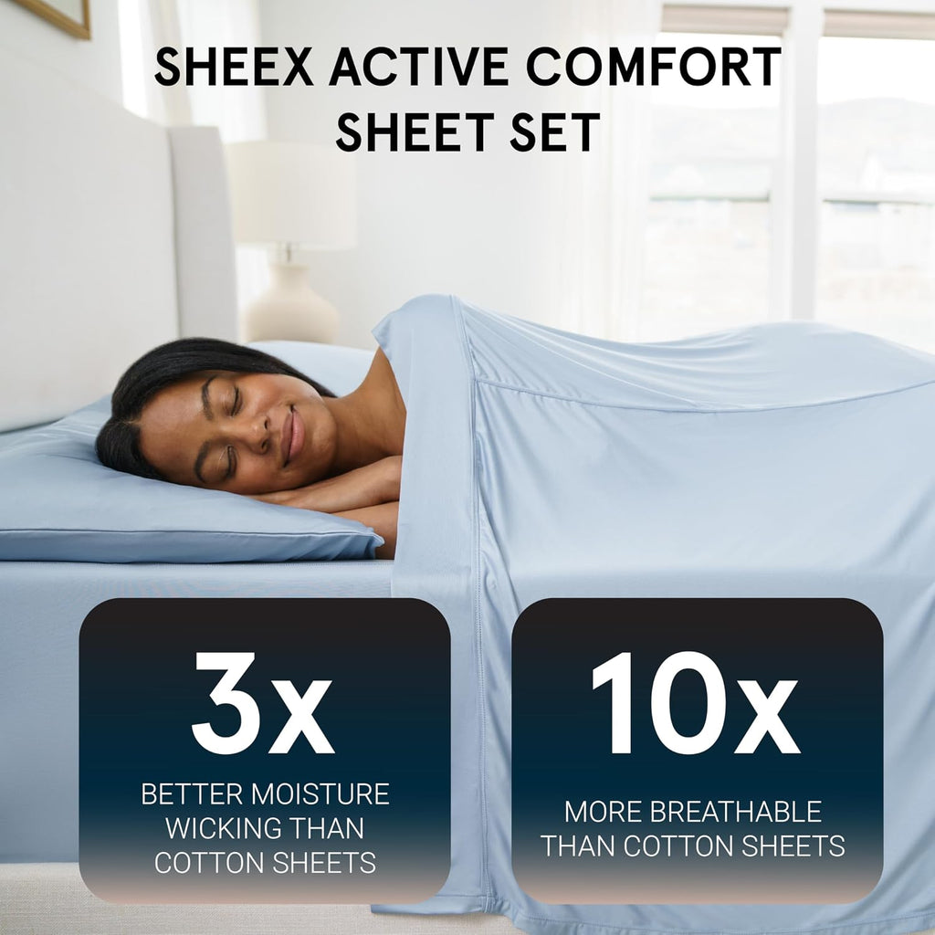 SHEEX - Active Comfort Cooling Sheets Set (King/California King) Bright White - Moisture Wicking - 1 Flat Cooling Sheet, 1 Fitted Cooling Sheet, 2 Cooling Pillow Covers - Wrinkle Free - Sleep Aid