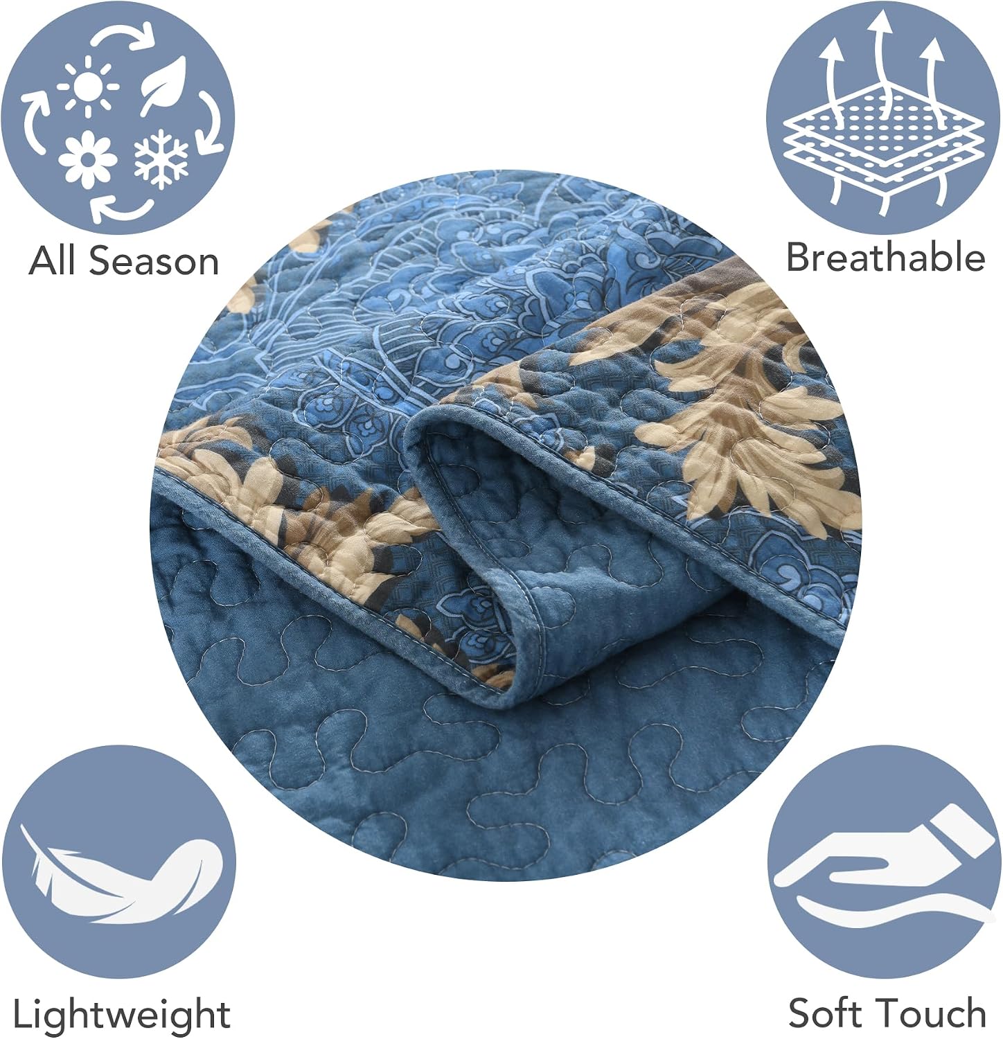 King Size Quilt Set - Blue and Brown Quilt King, 100% Cotton Damask Bedspread Set 3 Piece, Classic Elegant Lightweight Comforter, Reversible Quilt Bedding Set for All Season