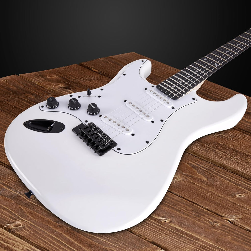 LyxPro Left Hand 39 Inch Electric Guitar and Starter Kit for Lefty Full Size Beginner's Guitar, Amp, Six Strings, Two Picks, Shoulder Strap, Digital Clip On Tuner, Guitar Cable and Soft Case - White