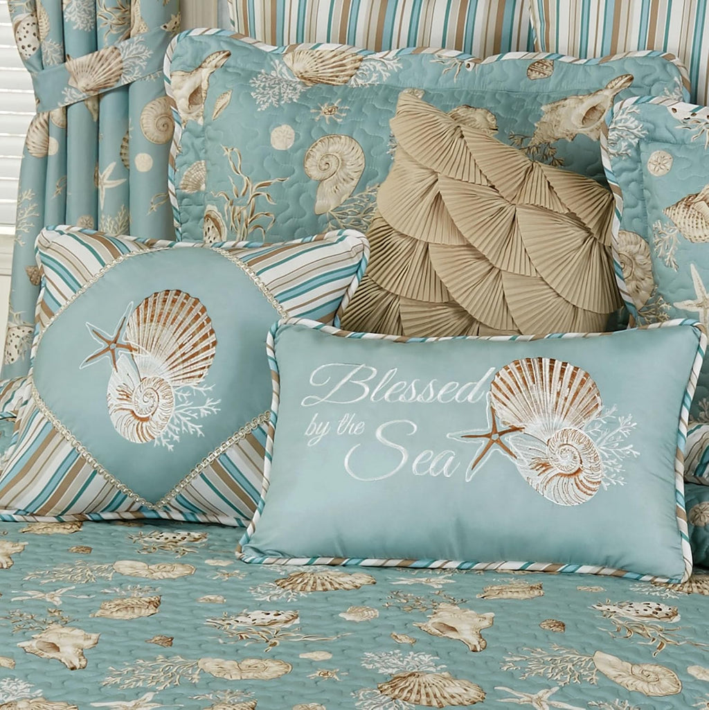 Seabreeze Coastal Beach Bedding | All Season Quilted | Shell Starfish Coral Stripe | Aqua Teal Ivory Cream | 7 Pc Set: Full Quilt, 2 Standard Shams, Bedskirt, 2 Square Pillows, Rectangle Pillow