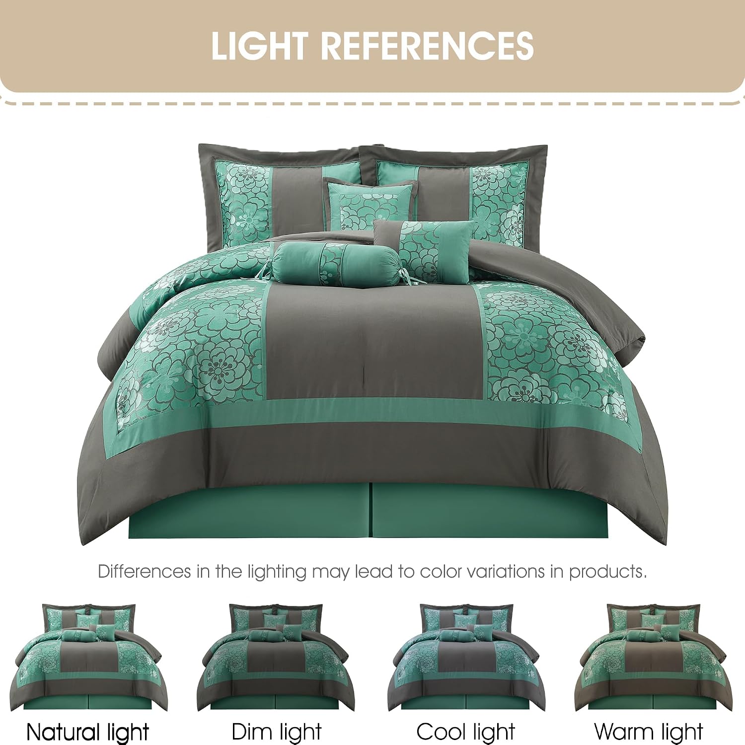 Grand Avenue Aqua Grey Comforter Set King Size, 7 Piece Jacquard Soft Bedding Set, All Season, Bedskirt, Pillows & Shams
