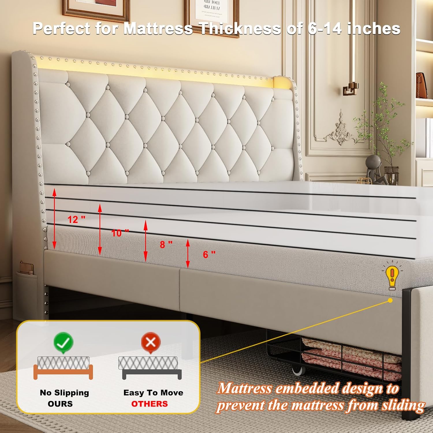 Queen Bed Frame with Storage Headboard and 2 Drawers, Upholstered Button Tufted Platform Bed Frame Queen Size with LED Lights, Charging Station, No Box Spring Needed, Noise Free, Easy Assembly, Beige