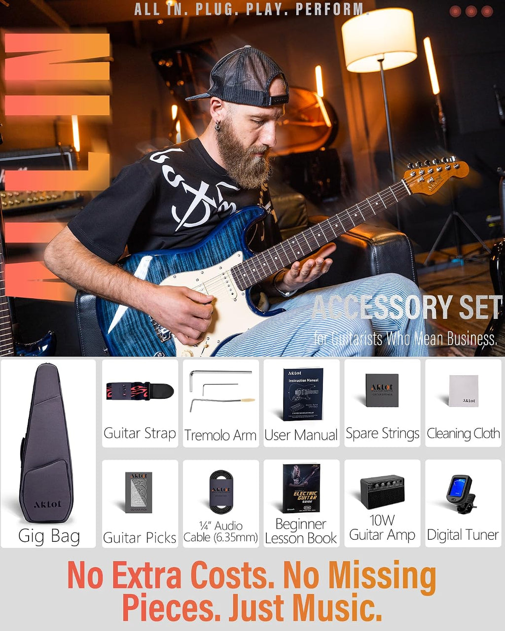 AKLOT Beginner Electric Guitar Kit: 10W Amp, Coil-Split HSS Pickups, Lesson Book, Roasted Maple Neck, Gig Bag, Tuner, Strap, Picks, Stryde Storm Blue