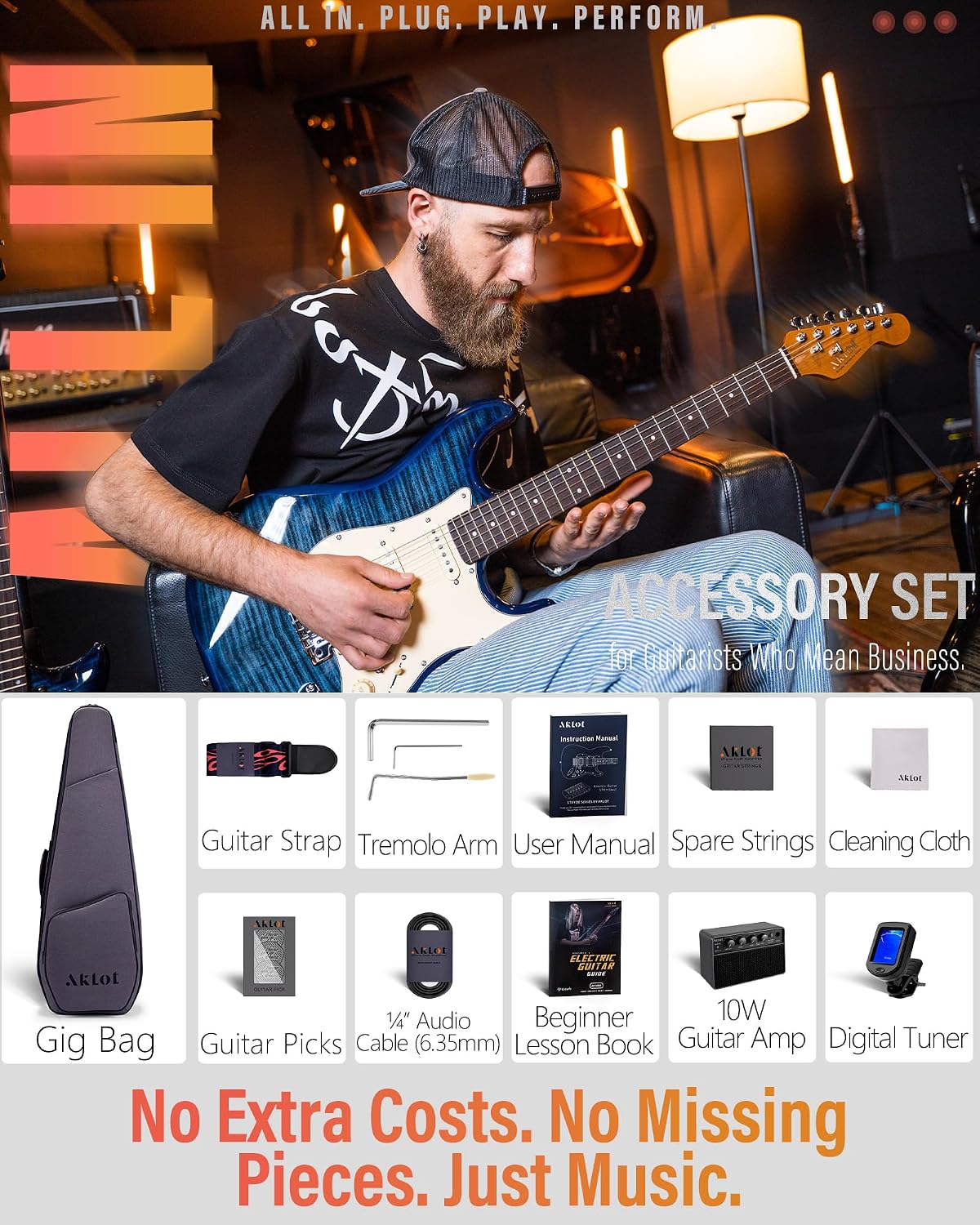AKLOT Beginner Electric Guitar Kit: 10W Amp, Coil-Split HSS Pickups, Lesson Book, Roasted Maple Neck, Gig Bag, Tuner, Strap, Picks, Stryde Storm Blue