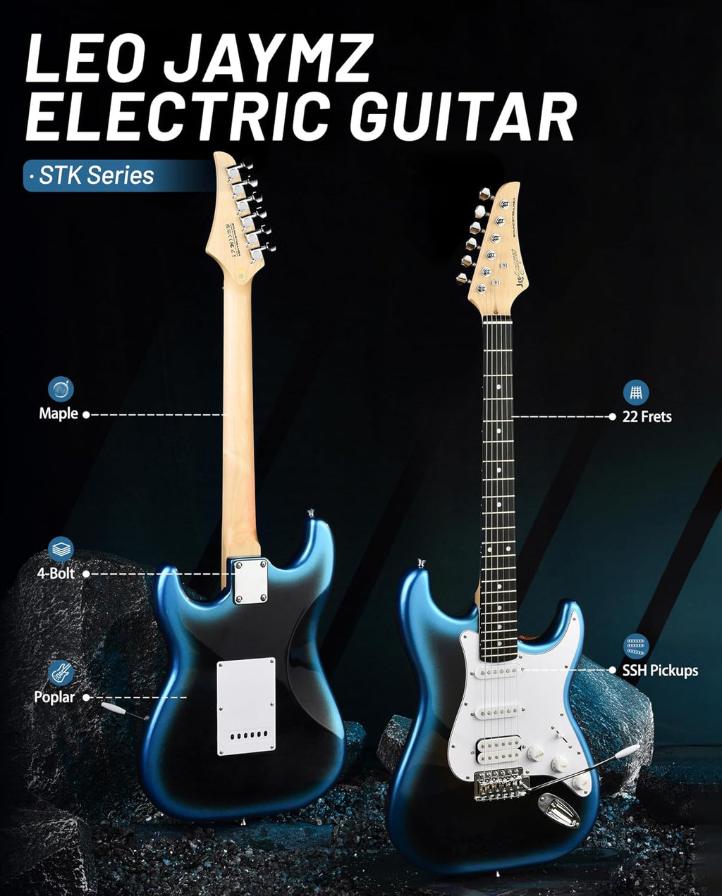 Leo Jaymz Beginner Electric Guitar 39' Kit with Portable Amplifier, Padded Gig Bag, Digital Tuner，Capo，Strap，Picks，HSS Pickups (Blue-Black Fade-HSS)