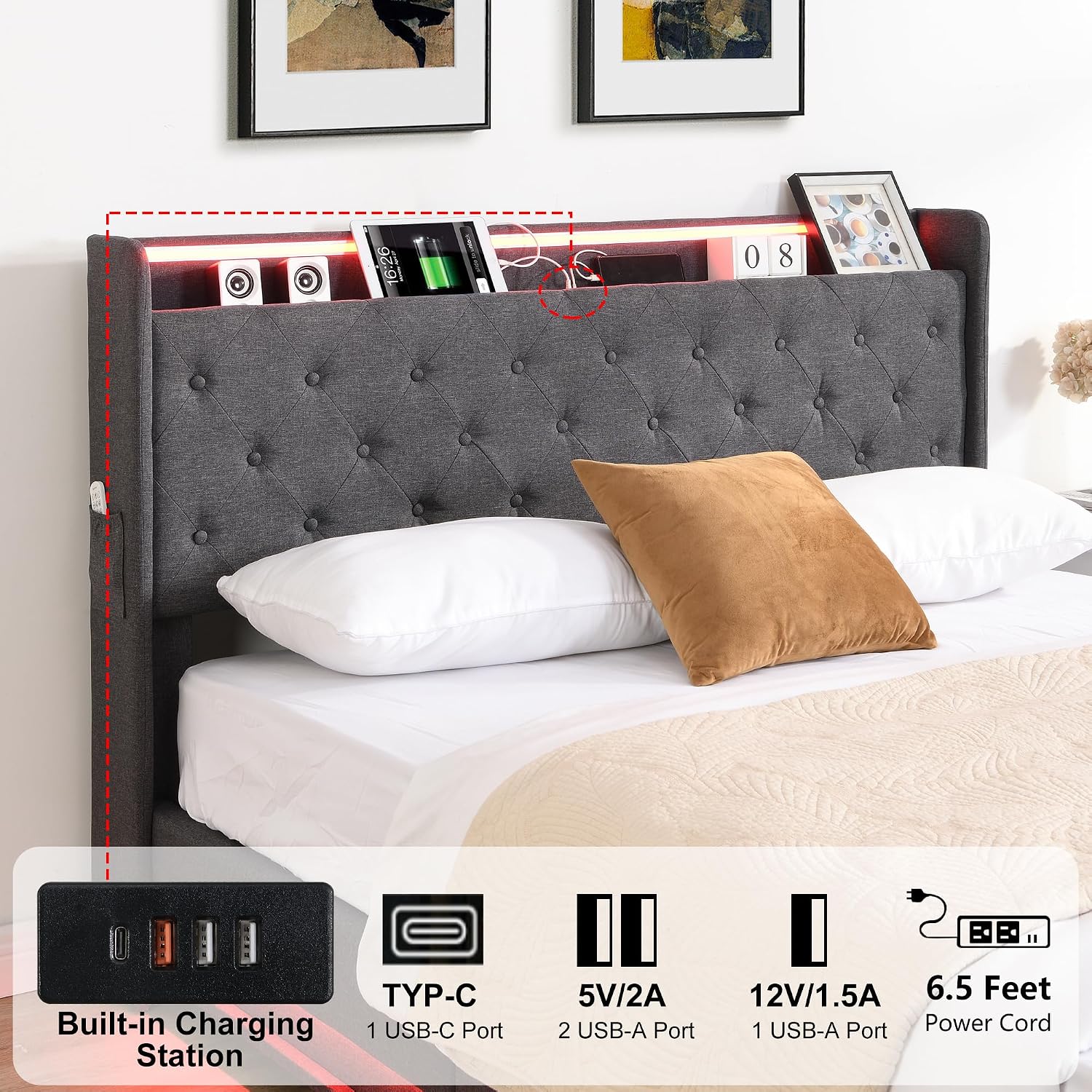Ailisite Lift Up Storage Queen Bed, Upholstered Platform Bed with Button Tufted Wingback Storage Headboard, Bed Frame Queen Size with Led Lights and Charging Station, No Box Spring Needed, Grey