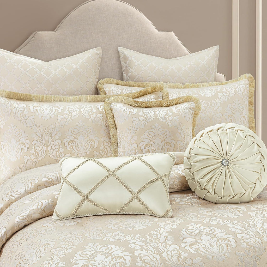 Loom and Mill 9-Piece Elegant Damask Comforter Sets Jacquard Medallion Design, Ultra Soft Floral Bedding with Euro Shams, Bedskirt, Filled Decorative Pillow for Home (Beige White, Queen)