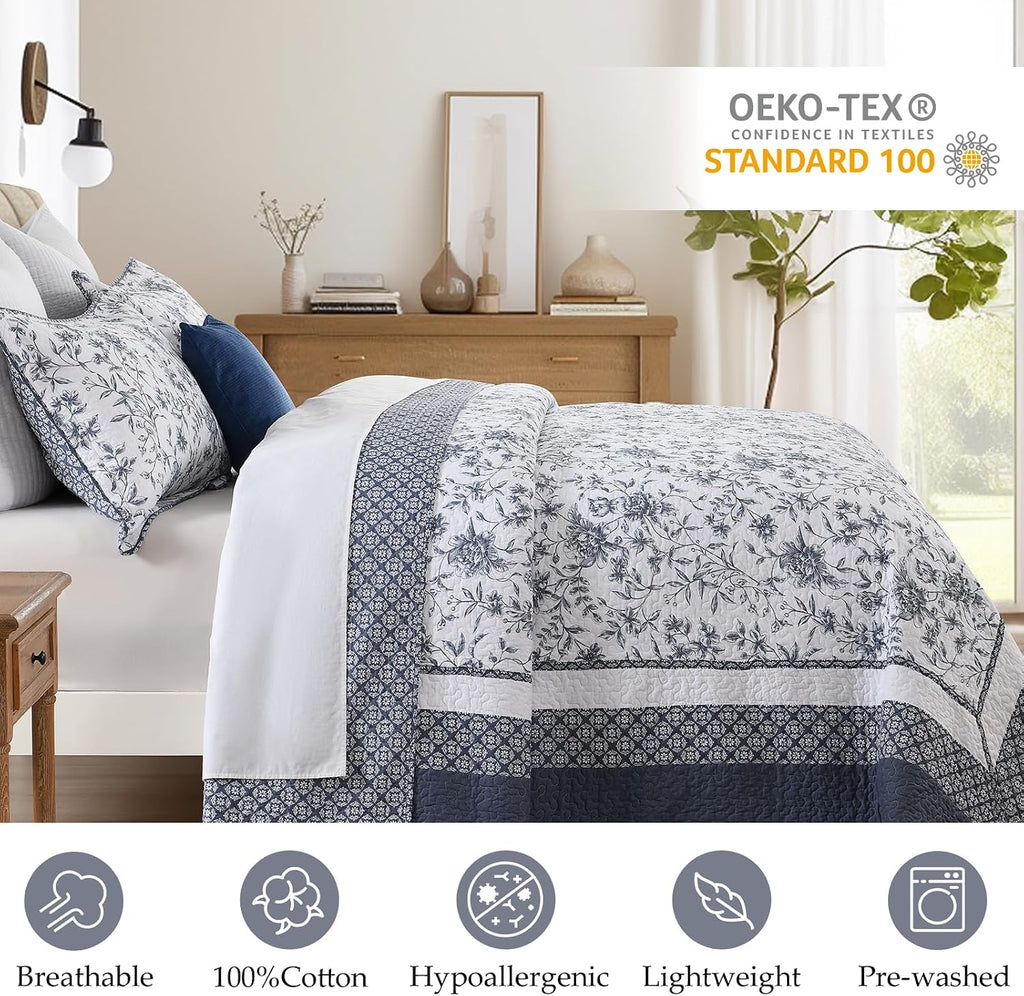 Floral Bedspread 102'x120' Oversized Queen Bedspread, 100% Cotton Oversized Queen Quilt with 2 Pillow Shams, Lightweight Garden Quilted Bedspreads Coverlet Sets, Blue/White, 3 Pcs