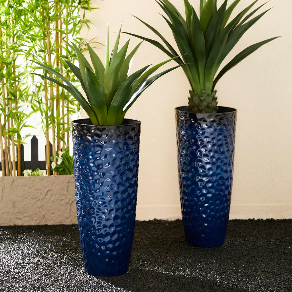 Glitzhome 31' H Oversized Tall Planter, Set of 2 Honeycomb Textured Gradient Cobalt Blue Round Garden Plant Pots with Drainage Holes, Large Flower Containers for Indoor Outdoor Front Door Patio