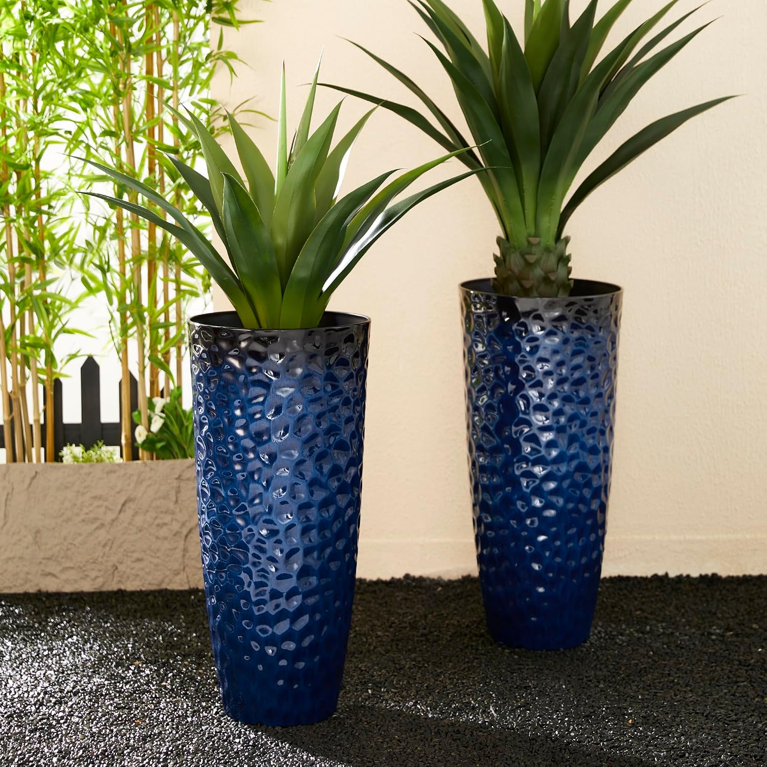 Glitzhome 31' H Oversized Tall Planter, Set of 2 Honeycomb Textured Gradient Cobalt Blue Round Garden Plant Pots with Drainage Holes, Large Flower Containers for Indoor Outdoor Front Door Patio