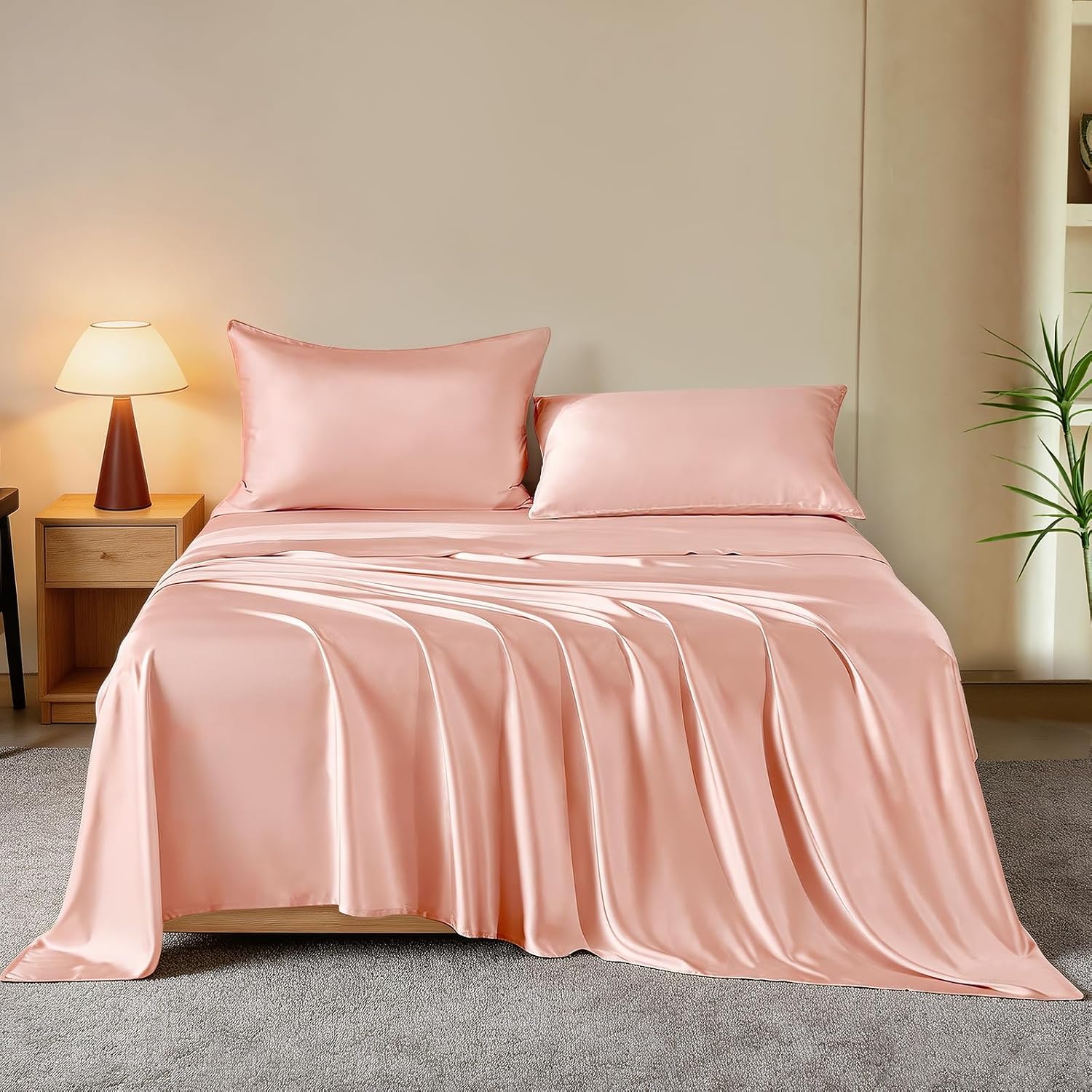 THXSILK Luxury Mulberry Silk Bed Sheets Set - 5pcs Silk Sheets Set 16' Deep Pocket - 2 Fitted Sheets, 1 Flat Sheet, 2 Pillowcases with Zipper Closure - Split King, Charming Pink