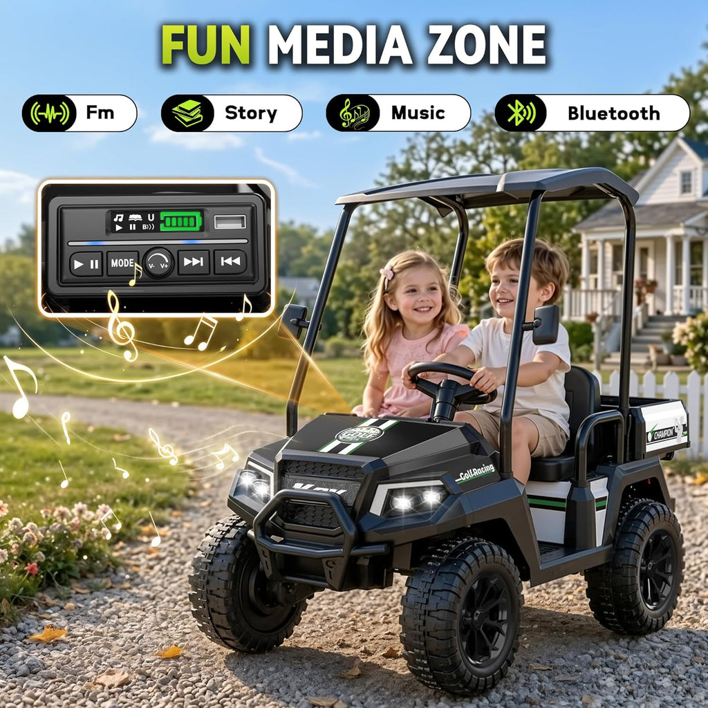 24V KidsGolf Cart w/Detachable Awning–4WD 2 Seater Ride on Car w/Large Storage Trunk, Remote Control, 3 Speeds, Music Player, LED Lights, Ride On Toys, Gift for Kids Ages 3-8(Black）