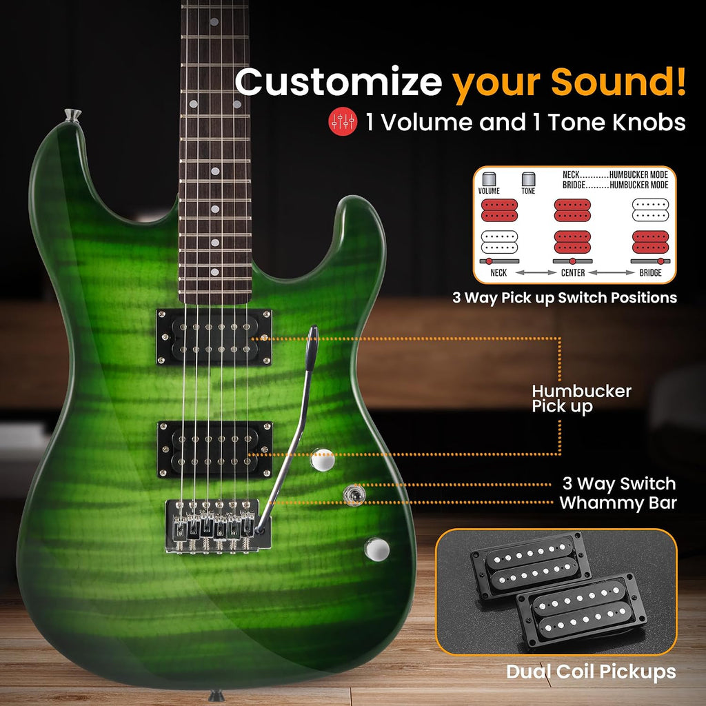 Pyle Electric Guitar Kit with Amp, Full Size Instrument with Humbucker Pickups, Guitarra Electrica Amplifier and Beginner Bundle Accessories, 39' Green