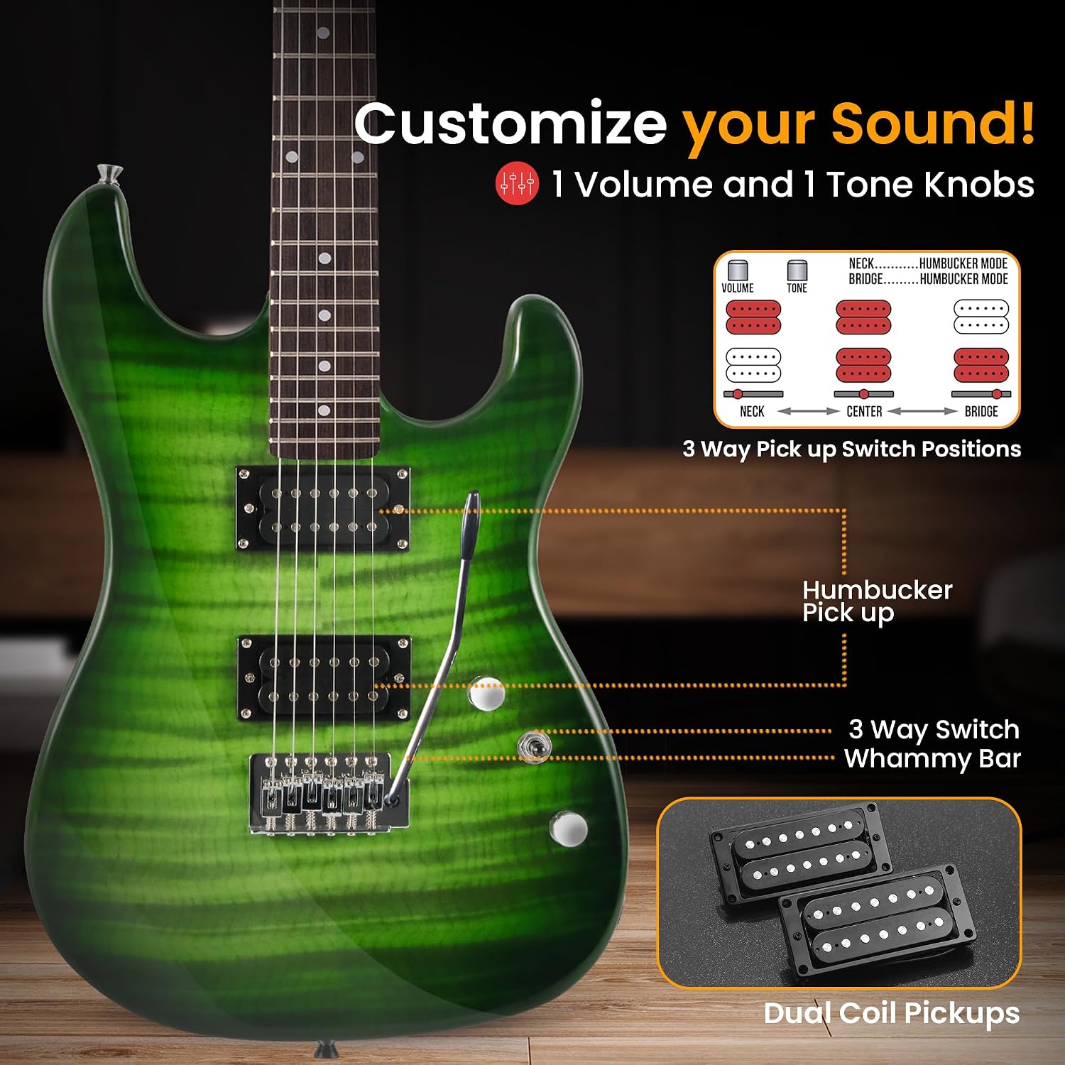 Pyle Electric Guitar Kit with Amp, Full Size Instrument with Humbucker Pickups, Guitarra Electrica Amplifier and Beginner Bundle Accessories, 39' Green