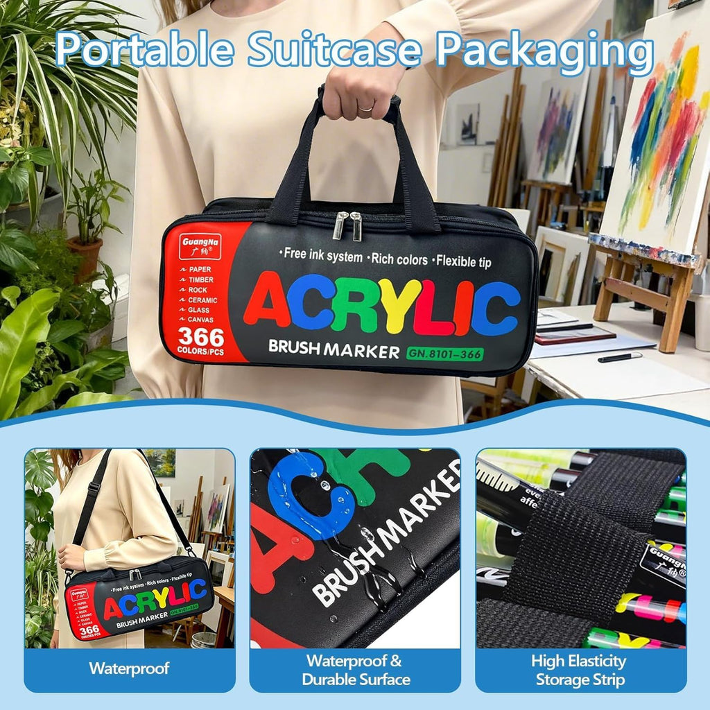 Guangna 366 Acrylic Paint Markers, Brush Tip Acrylic Paint Pens, Quick-Drying Waterproof Ink, for Rock Painting Plastic Wood Canvas Glass Ceramic Metal Art Crafts Supplies Gift