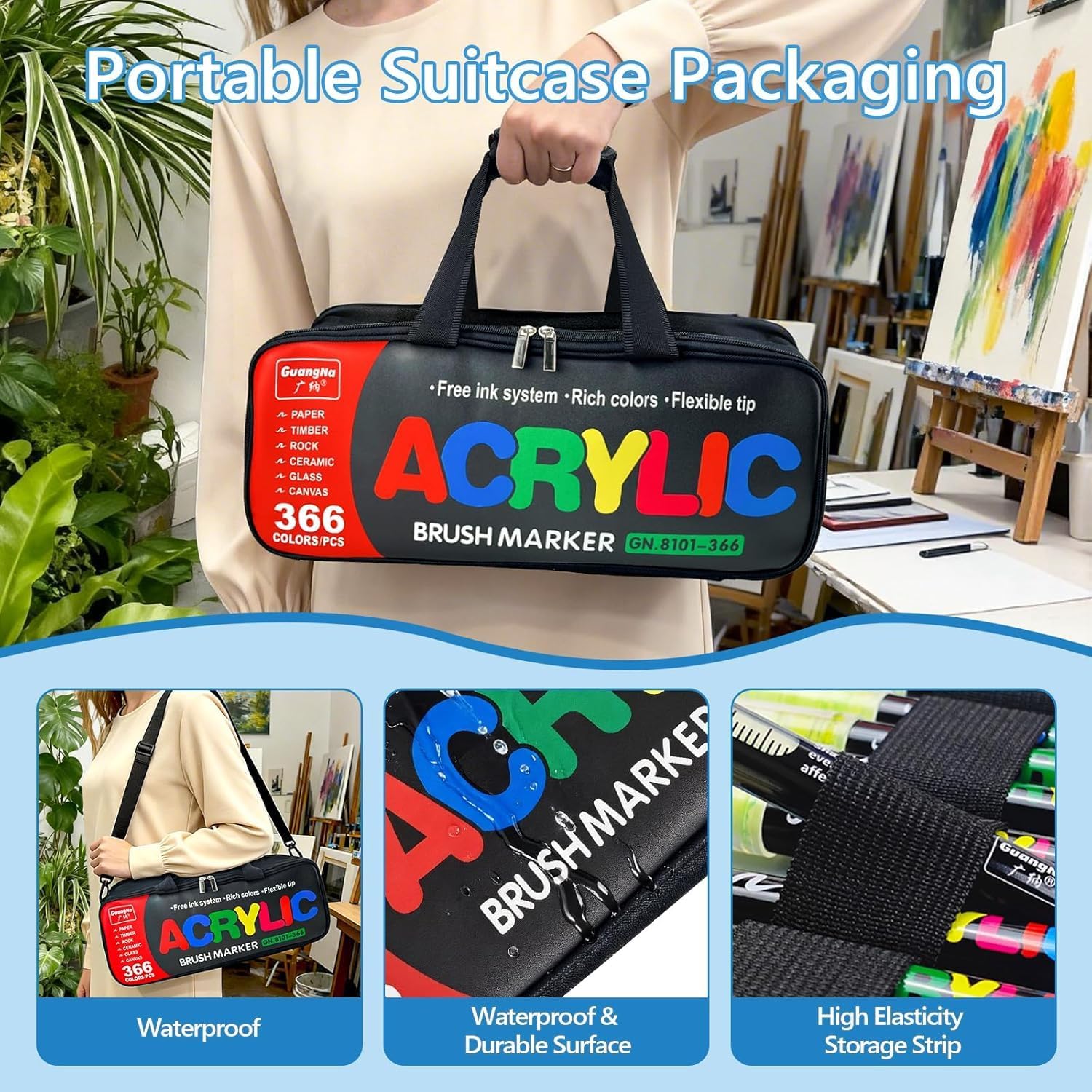 Guangna 366 Acrylic Paint Markers, Brush Tip Acrylic Paint Pens, Quick-Drying Waterproof Ink, for Rock Painting Plastic Wood Canvas Glass Ceramic Metal Art Crafts Supplies Gift