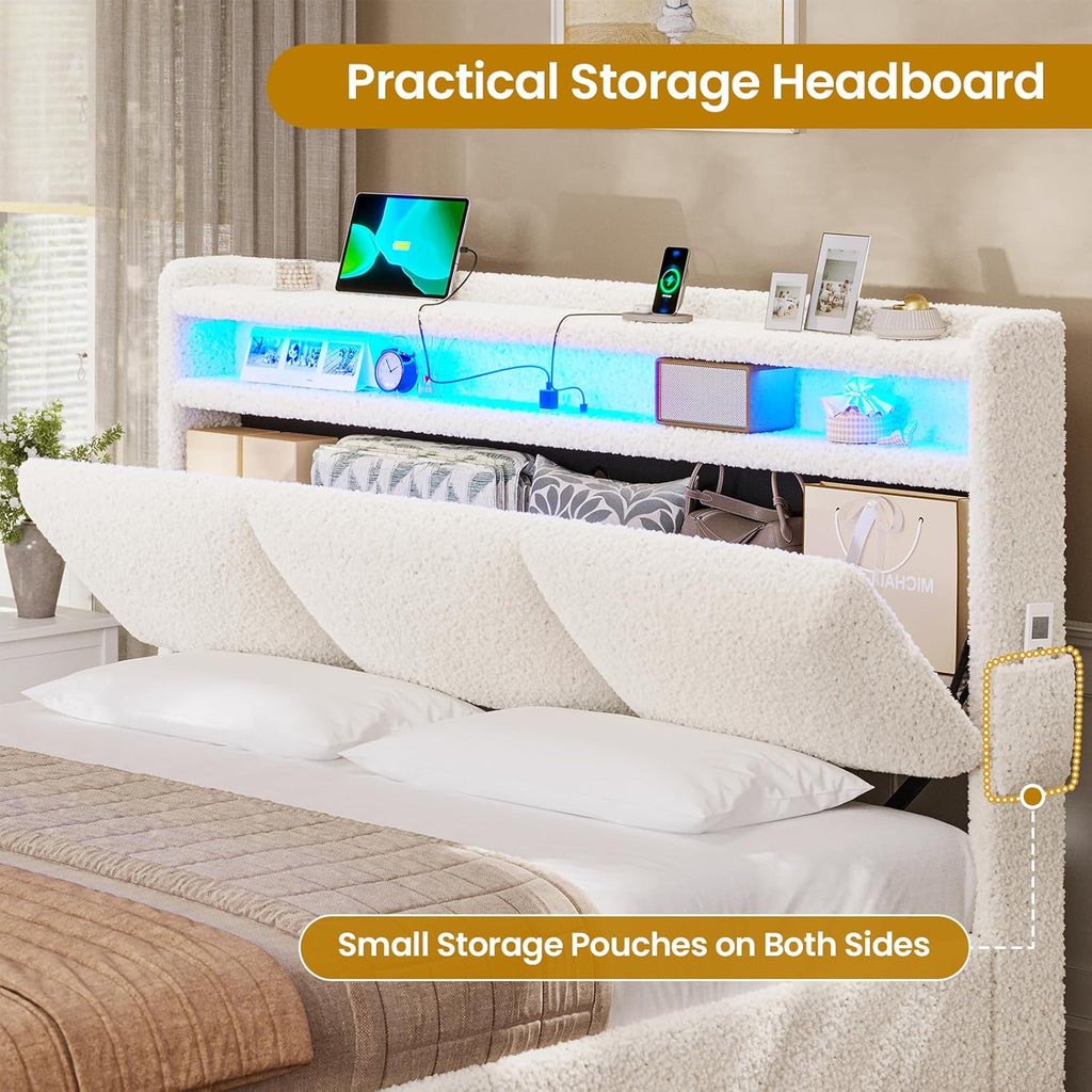 VIAGDO Full Size Bed Frame with Storage Headboard and Charging Station, Boucle Upholstered Bed Frame Full Size with 4 Drawers and LED Lights, Type C and USB, No Box Spring Needed, Cream White