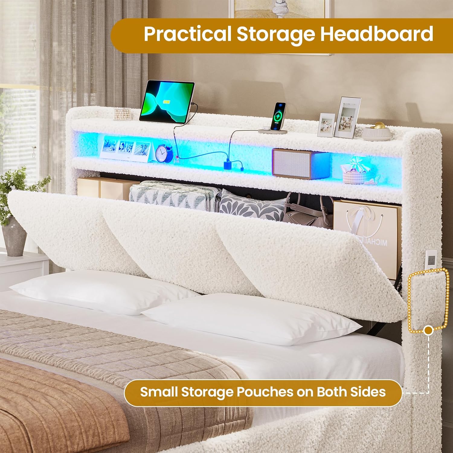 VIAGDO Queen Bed Frame with Storage Headboard and Charging Station, Boucle Upholstered Bed Frame Queen Size with 4 Drawers and LED Lights, Type C and USB, No Box Spring Needed, Cream White