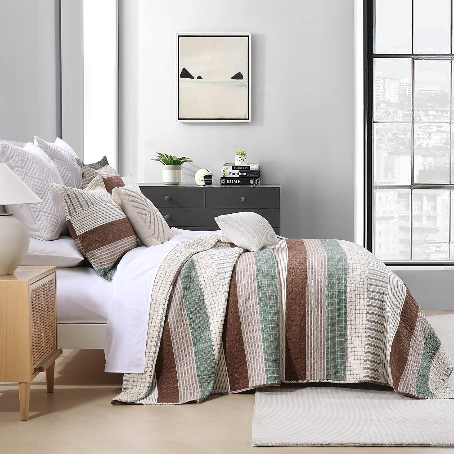 Finlonte 100% Cotton King Size Quilt Set, Patchwork Striped King Quilt Bedding Set Farmhouse Bedspread, Lightweight Quilted Comforter Reversible Bed Spread for All Season, Green/Brown/Beige, 3 Pieces