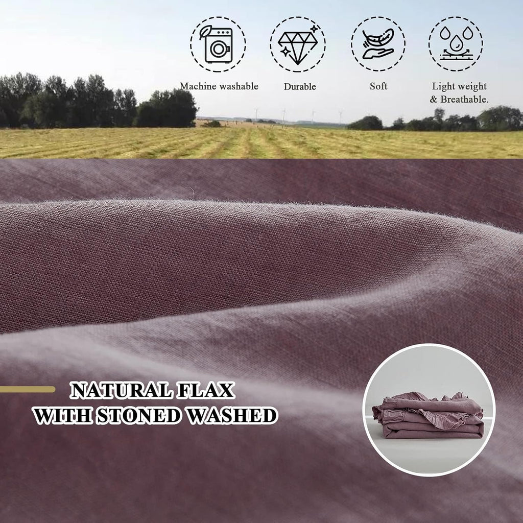 Simple&Opulence 100% Linen Duvet Cover Set, 3 PCS Natural French Flax Purple Ruffle Duvet Cover King Size, Breathable Comfy Linen Bedding Comforter Cover with 2 Pillowcases (Purple, 104' X 92')