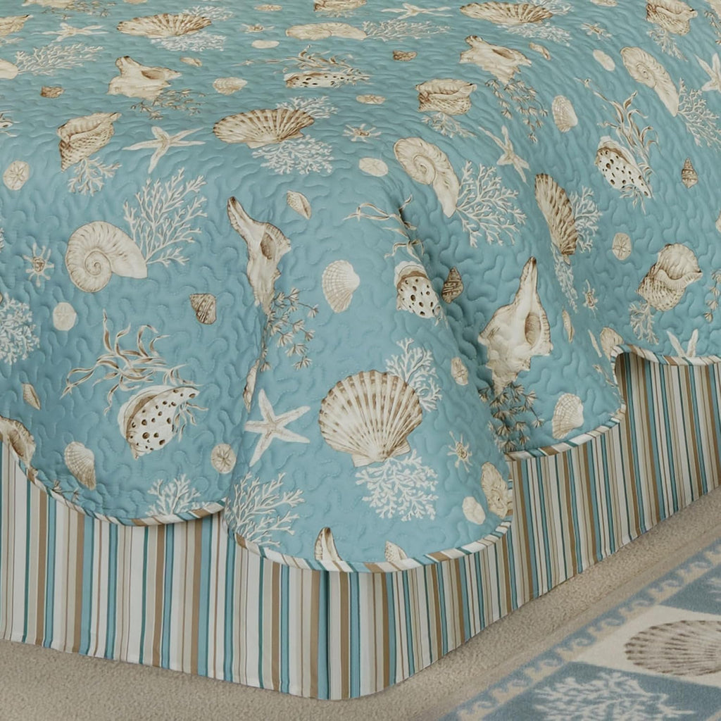 Seabreeze Coastal Beach Bedding | All Season Quilted | Shell Starfish Coral Stripe | Aqua Teal Ivory Cream | 6 Pc Set: Twin Quilt, 1 Standard Sham, Bedskirt, 2 Square Pillows, Rectangle Pillow