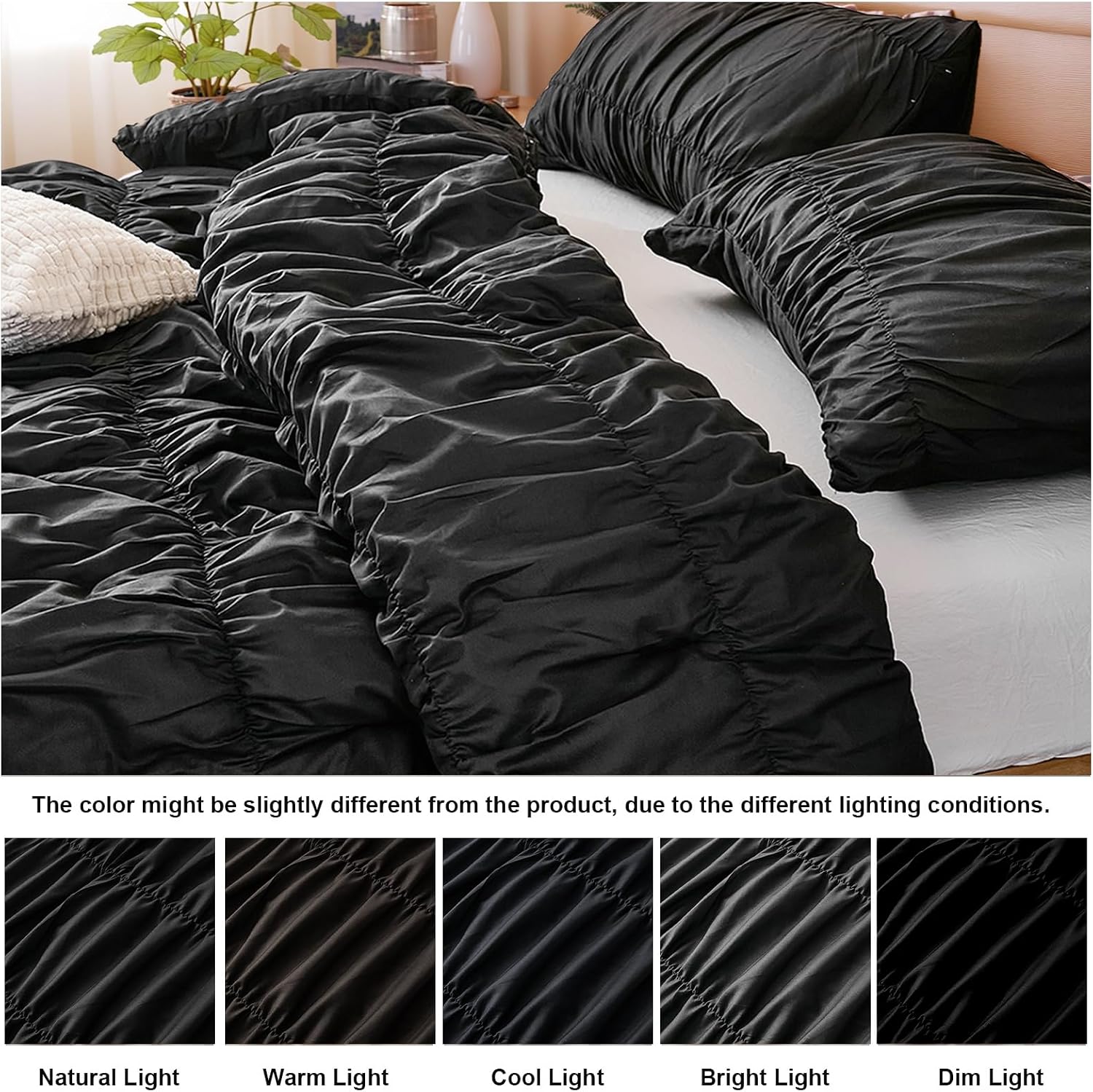Bedbay Black Ruched Comforter Set King Size,100% Cotton Boho Bedding Set,Black Cinched Fluffy Comforter for Bedroom,3 Pcs Vintage Ruffle Bedding Aesthetic Room Decor for All Seasons