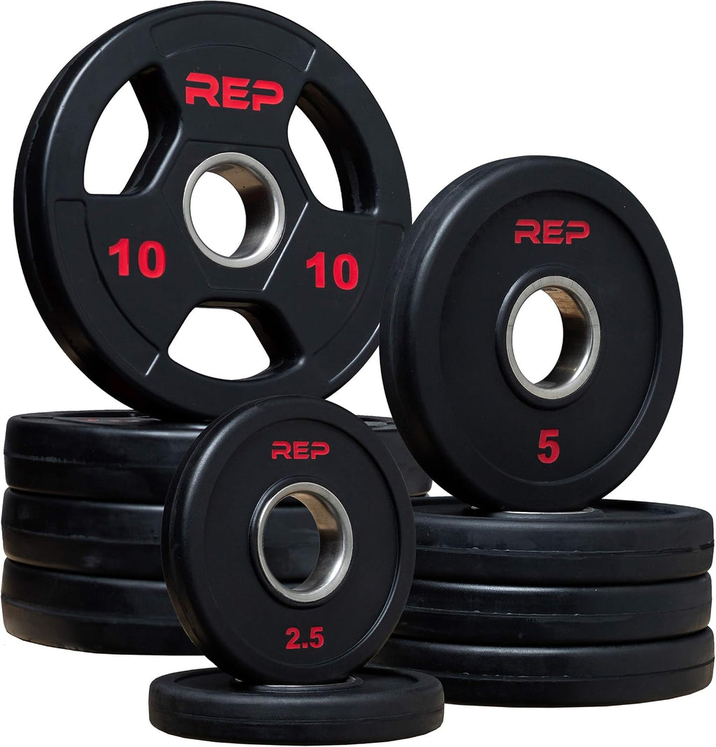 REP Fitness Rubber Coated Olympic Plates, Updated Design - Tri-Grip Olympic Barbell Weights – Sold in Pairs and Sets…