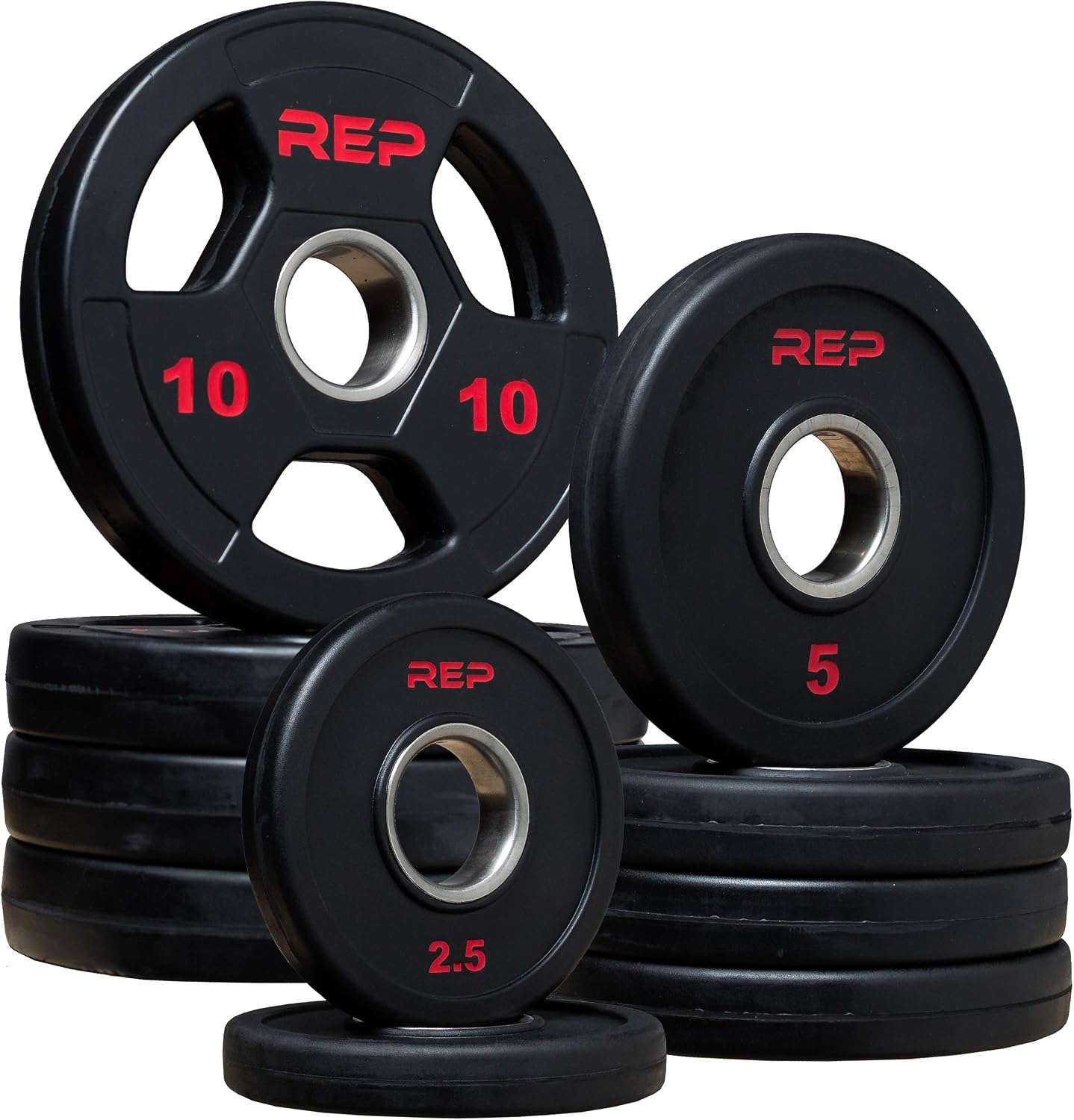 REP Fitness Rubber Coated Olympic Plates, Updated Design - Tri-Grip Olympic Barbell Weights – Sold in Pairs and Sets…