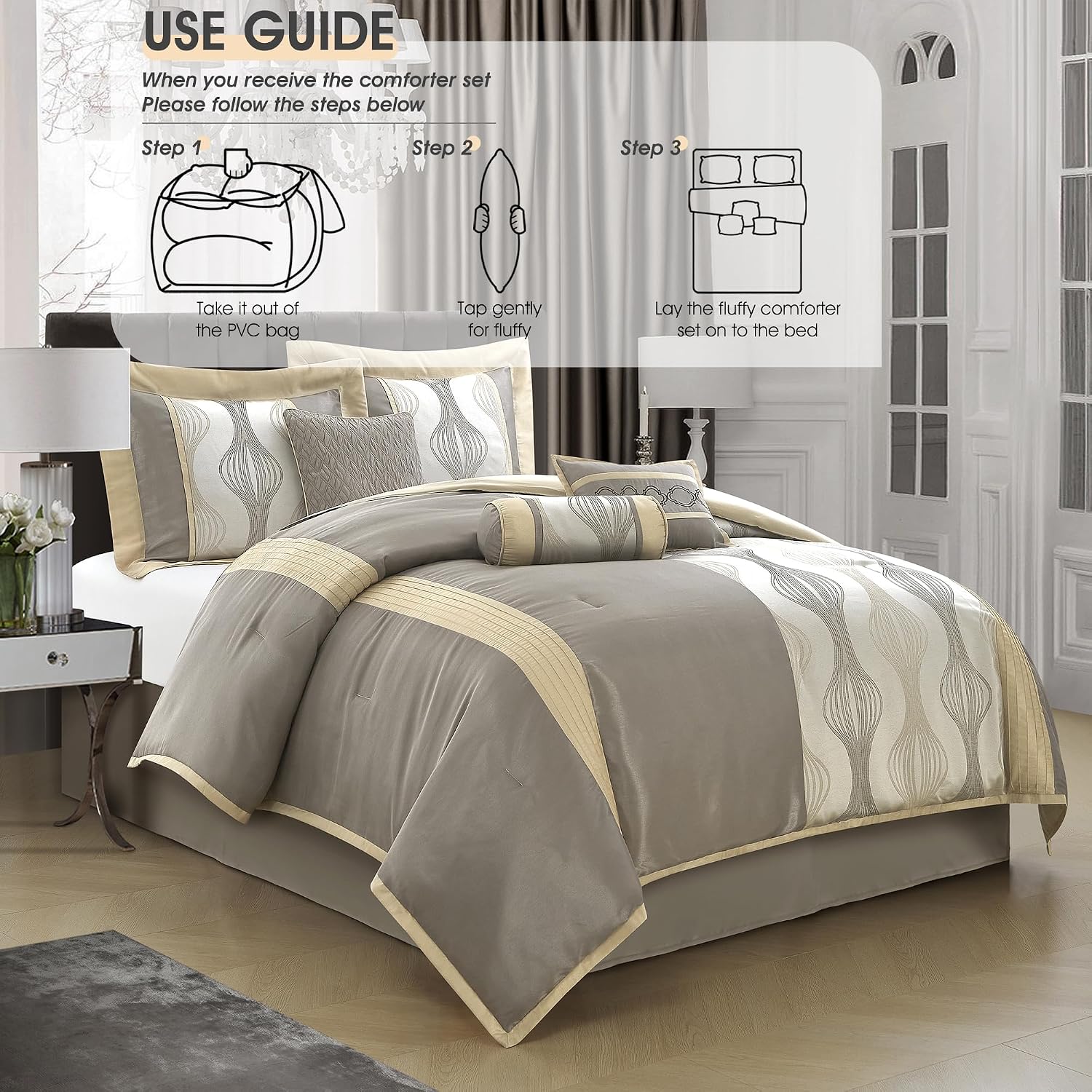 LANCO MODERN LIFESTYLE King Comforter Set, Grey Gold, 7 Pieces in a Bag, Ultra Soft Jacquard with Solid Piecework, Luxury Bed Set with Comforters, Bed Skirt, Pillow Shams and Decorative Pillows