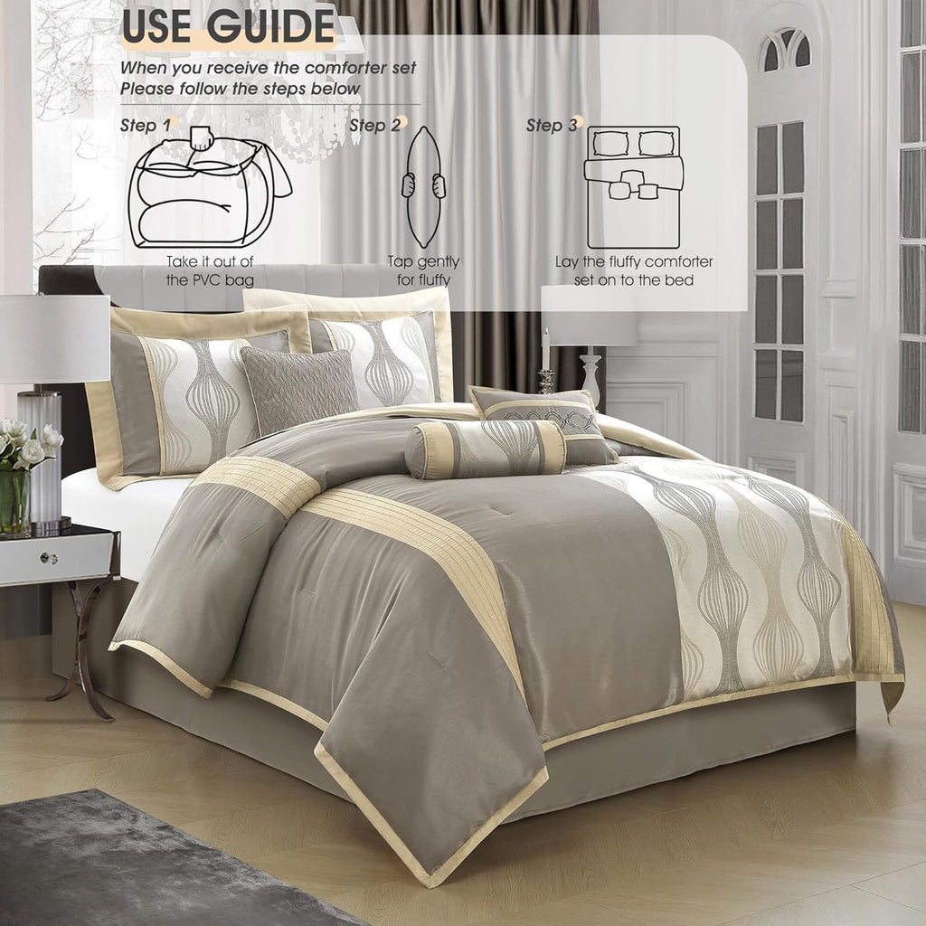 LANCO MODERN LIFESTYLE California King Comforter Set, Grey Gold, 7 Pieces in a Bag, Soft Jacquard with Solid Piecework, Luxury Bed Set with Comforters, Bed Skirt, Pillow Shams and Decorative Pillows