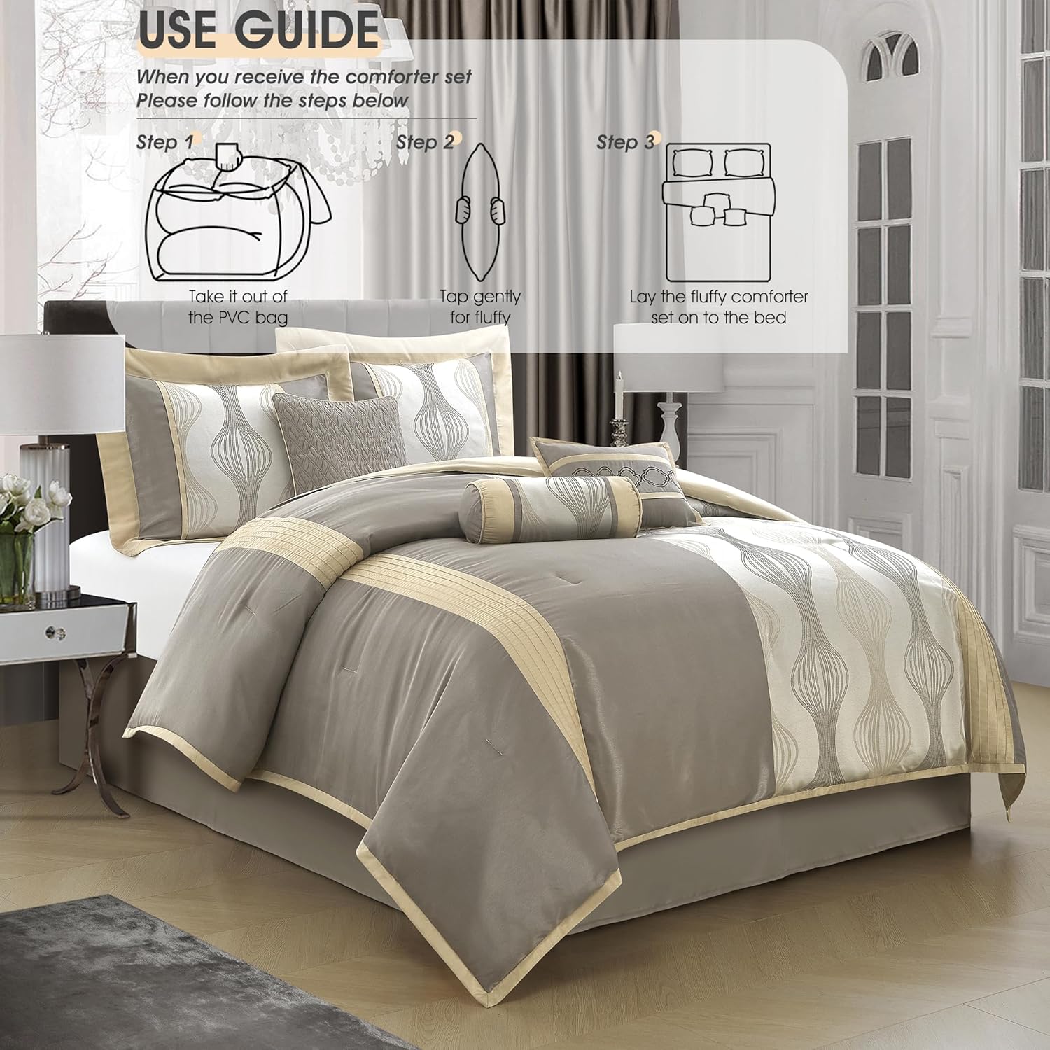 LANCO MODERN LIFESTYLE California King Comforter Set, Grey Gold, 7 Pieces in a Bag, Soft Jacquard with Solid Piecework, Luxury Bed Set with Comforters, Bed Skirt, Pillow Shams and Decorative Pillows