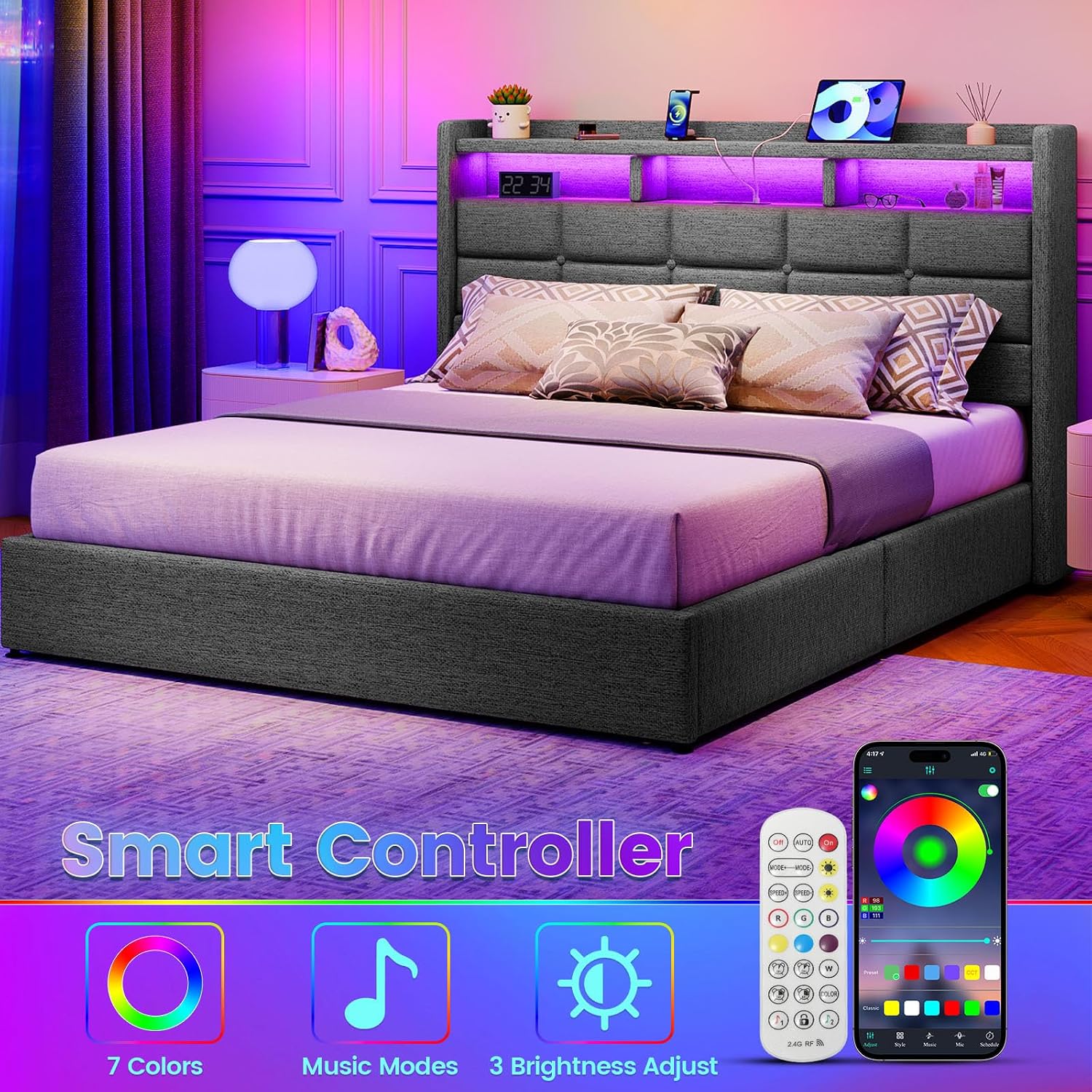 Driftalia Lift Up Full Size Bed Frame with Storage, Upholstered Full Bed Frame with LED Lights Headboard and Charging Station, No Box Spring Needed, Easy Assembly - Dark Grey