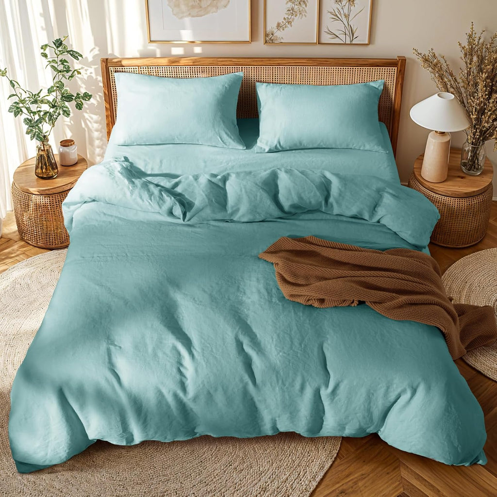 LBRO2M 100% France Linen Duvet Cover Set 3 Pcs Natural Flax Duvet Cover Set 2 Pillowcase 1 Duvet Cover with Zipper (Aqua California King)
