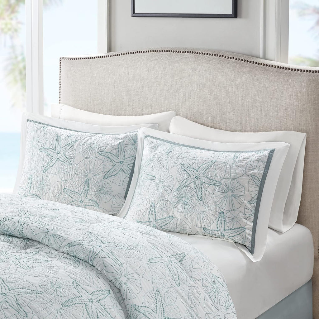 Harbor House Cotton Comforter Set - Coastal Oceanic Sealife Design, All Season Down Alternative Bedding with Matching Shams, Bedskirt, Maya Bay, Seafoam Blue Queen(92'x96') 4 Piece