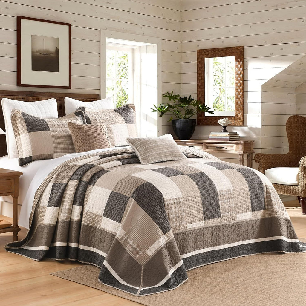 Plaid Bedspread 120'x120' Oversized King Bedspread, 100% Cotton California King Quilt with 2 Pillow Shams, Lightweight Farmhouse Quilted Bedspreads Coverlet Set, Brown/Beige/Cream, 3 Pcs