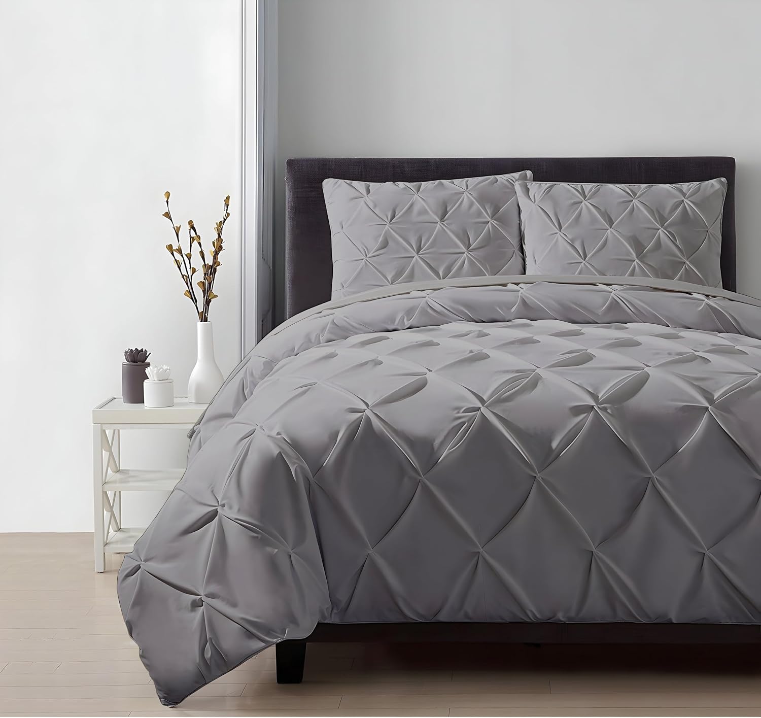 Luxury Silver Pinch Pleated Pintuck Duvet Cover Set Oversized King Plus 120'x128' Size Egyptian Cotton Luxury Soft & Breathable Comforter Cover with Corner Ties & Zipper Closure