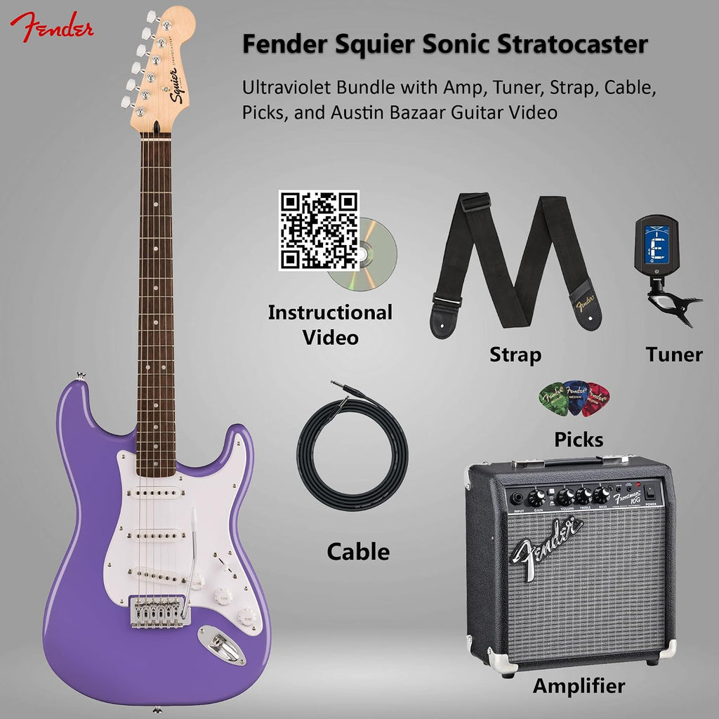 Fender Squier Sonic Stratocaster - Ultraviolet Bundle with Frontman 10G Amp, Tuner, Strap, Cable, Picks, and Austin Bazaar Instructional DVD