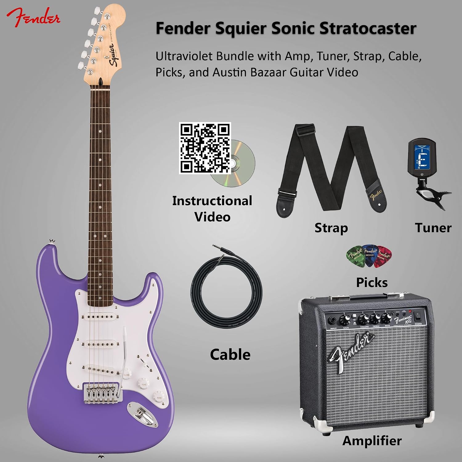 Fender Squier Sonic Stratocaster - Ultraviolet Bundle with Frontman 10G Amp, Tuner, Strap, Cable, Picks, and Austin Bazaar Instructional DVD