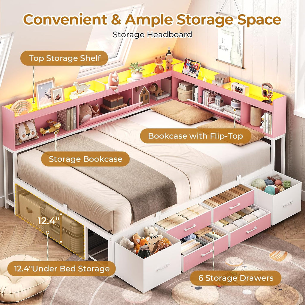 AOGLLATI Full Size Corner Bed Frame with 6 Storage Drawers and Bookcase Hidden Headboard, Full Bed Frame Metal Platform Daybed with Charging Station and LED Lights for Kids Teens, Pink