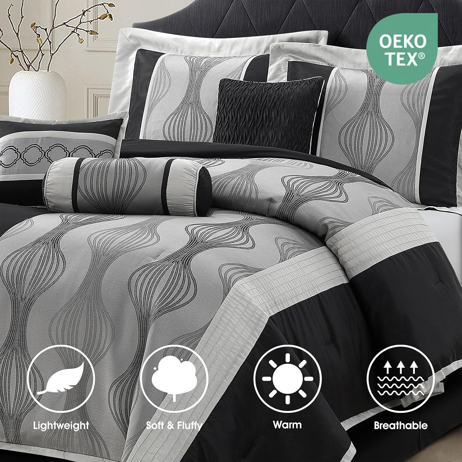 LANCO MODERN LIFESTYLE California King Comforter Set, Black Silver, 7 Pieces in a Bag, Jacquard with Solid Piecework, Luxury Bed Set with Comforters, Bed Skirt, Pillow Shams and Decorative Pillows