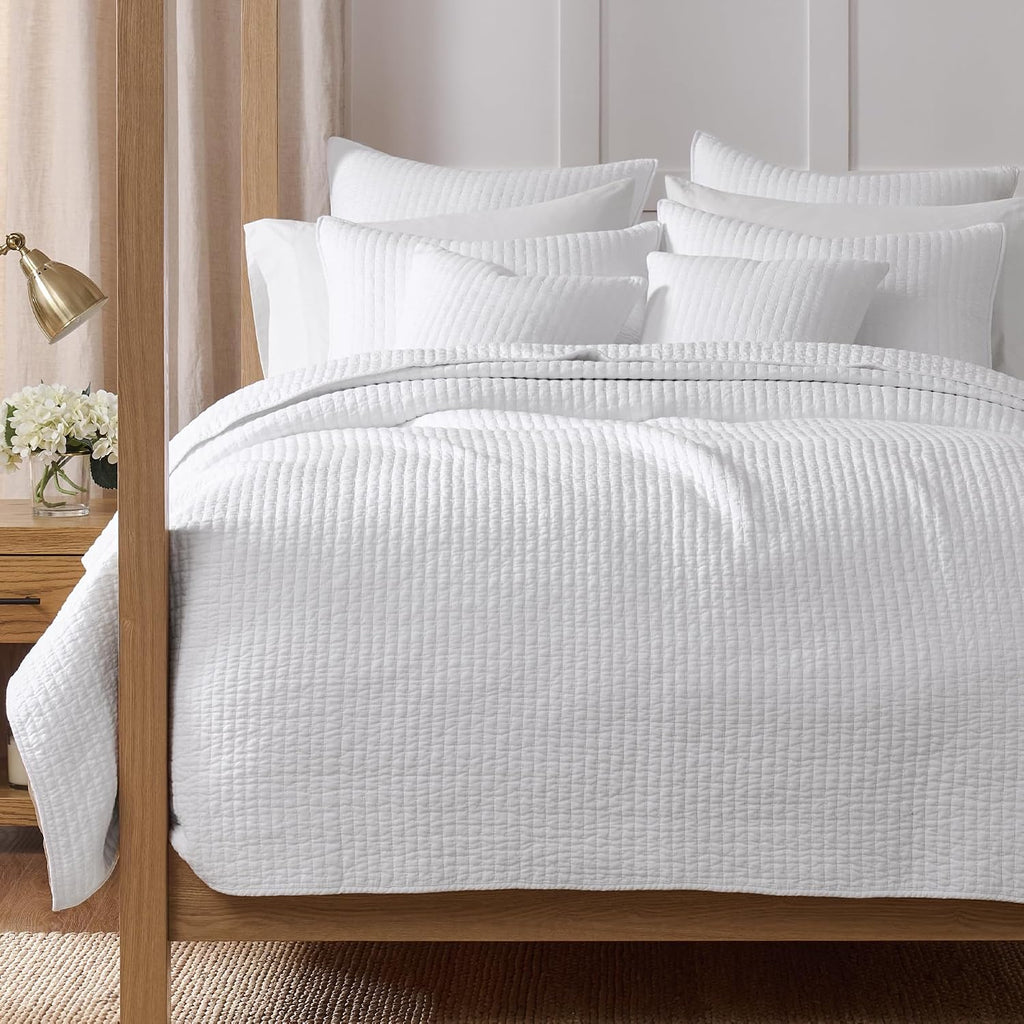 Levtex Home Cross Stitch Reversible Full/Queen Quilt Set (88x92in) and 2 Pillow Shams (26x20in) - Stitch Texture - Bright White - Cotton Full/Queen Size Quilt Bedding Set - Lightweight Soft Pre-Washed