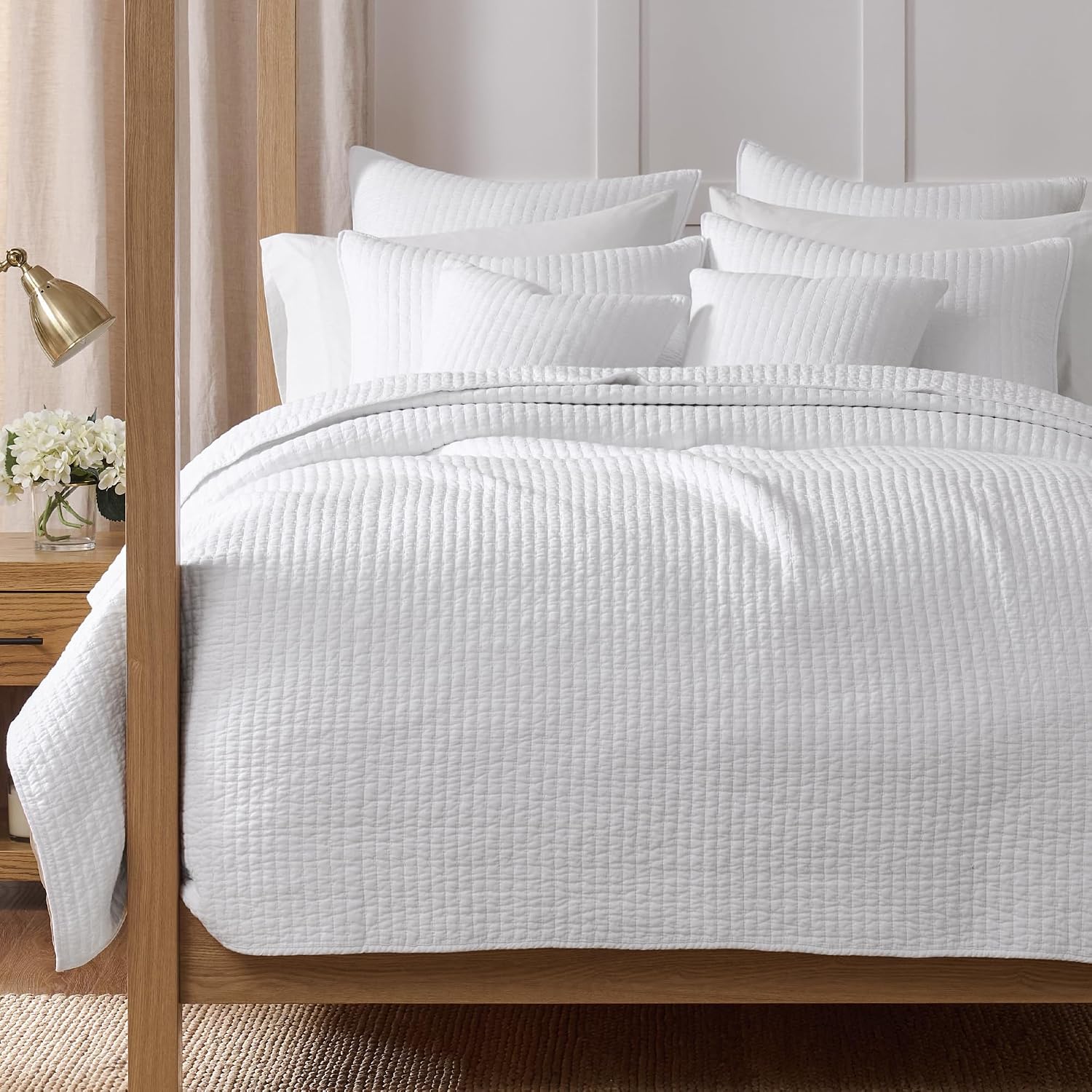Levtex Home Cross Stitch Reversible Full/Queen Quilt Set (88x92in) and 2 Pillow Shams (26x20in) - Stitch Texture - Bright White - Cotton Full/Queen Size Quilt Bedding Set - Lightweight Soft Pre-Washed
