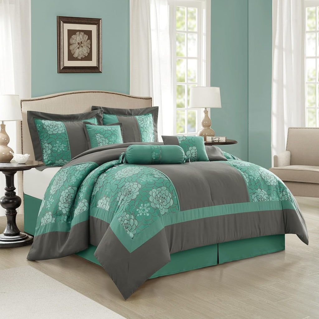 Grand Avenue Aqua Grey Comforter Set King Size, 7 Piece Jacquard Soft Bedding Set, All Season, Bedskirt, Pillows & Shams