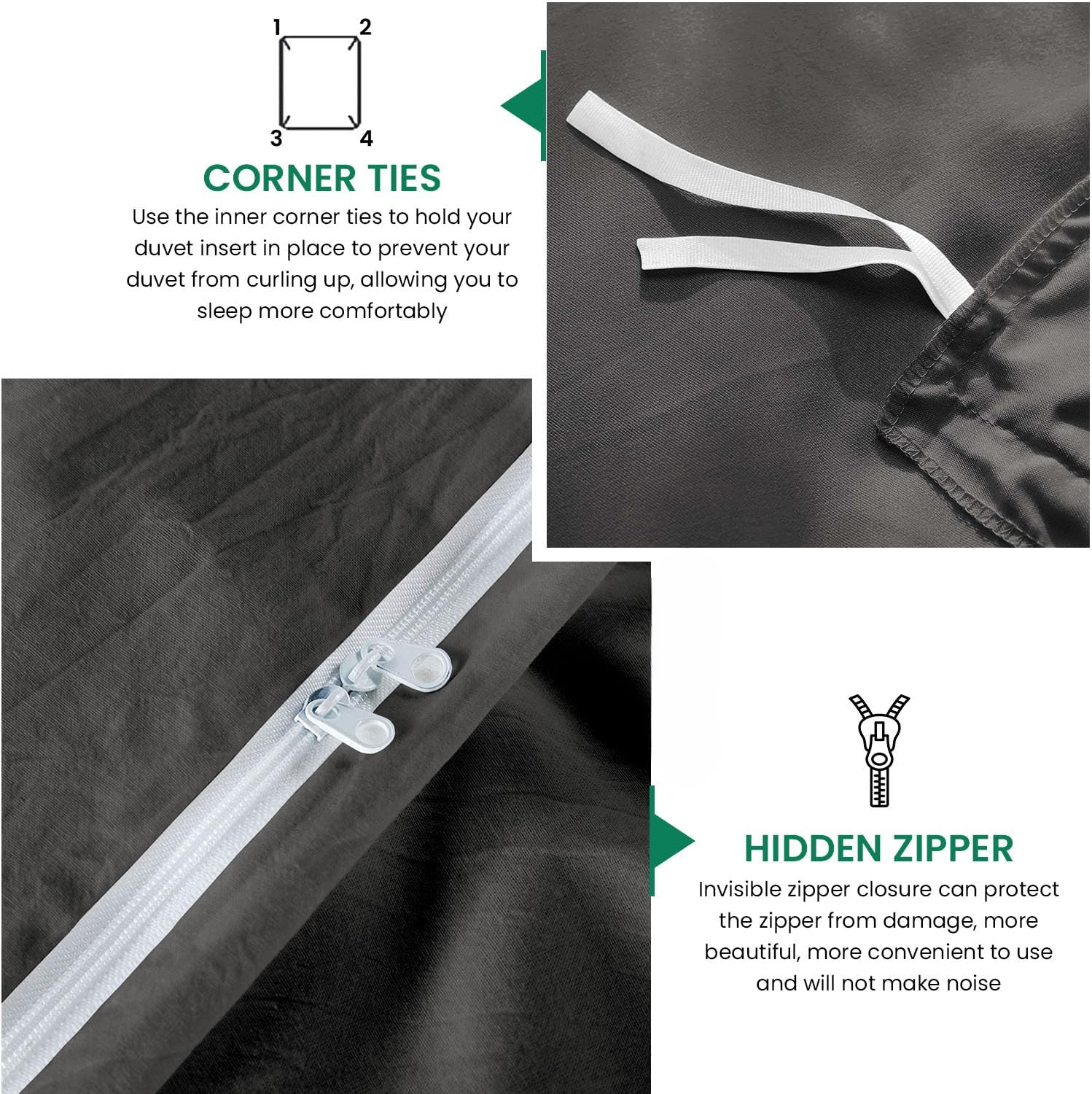 800TC 3 Sided Zipper Duvet Cover Set Soft Egyptian Cotton 3 Sided Zipper Closure, 3 PCS 1-Duvet Cover & 2- Pillow Shams - King-XL Size (98' x 116') Inches, (Solid Dark Grey)
